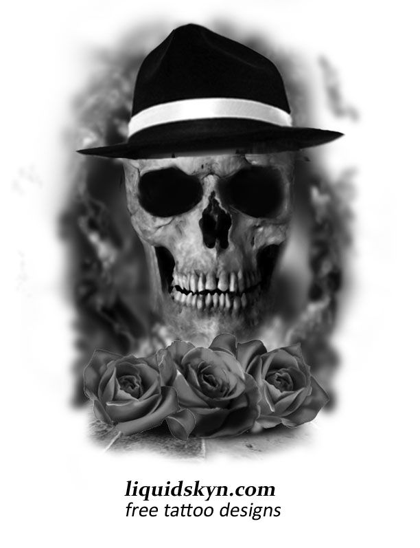 3D Gangster Skull With Roses Tattoo Design