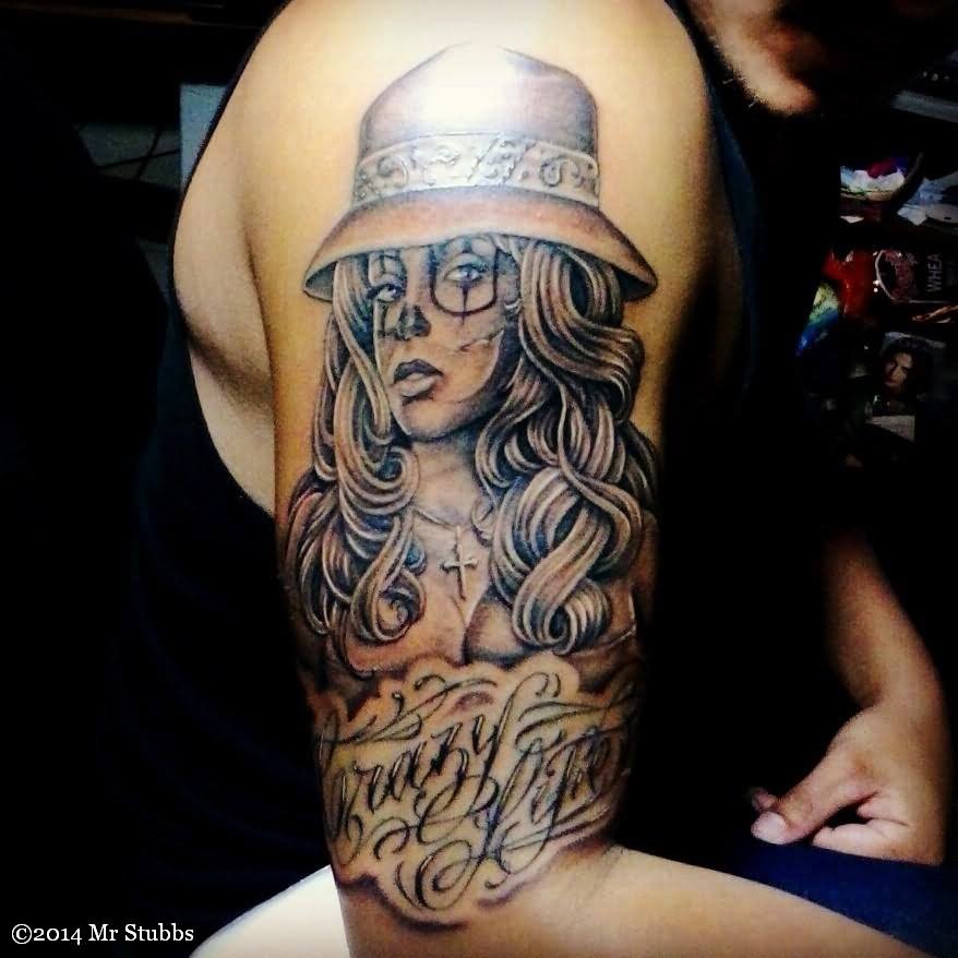 Amazing Gangster Clown Girl Tattoo On Right Half Sleeve