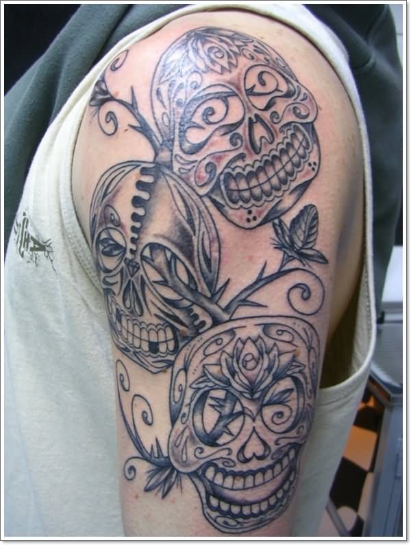 Amazing Three Mexican Gangster Skulls Tattoo Design For Half Sleeve