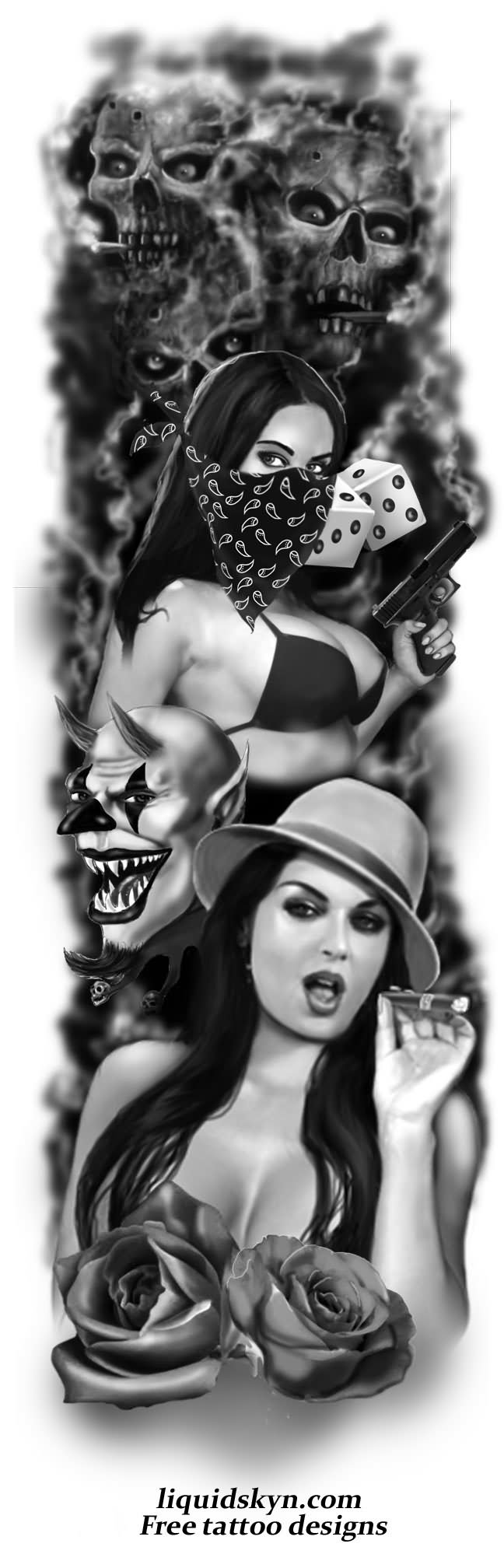Black And Grey 3D Gangster  Portrait Girl With Skulls Tattoo Design