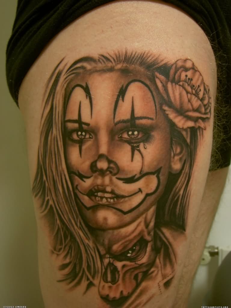 Black And Grey Gangster Clown Girl Tattoo Design For Side Thigh