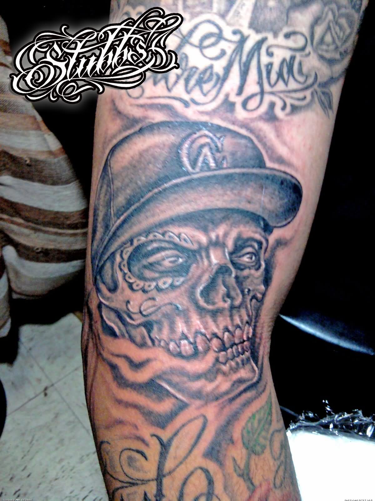 Black And Grey Mexican Gangster Skull Tattoo Design For Sleeve