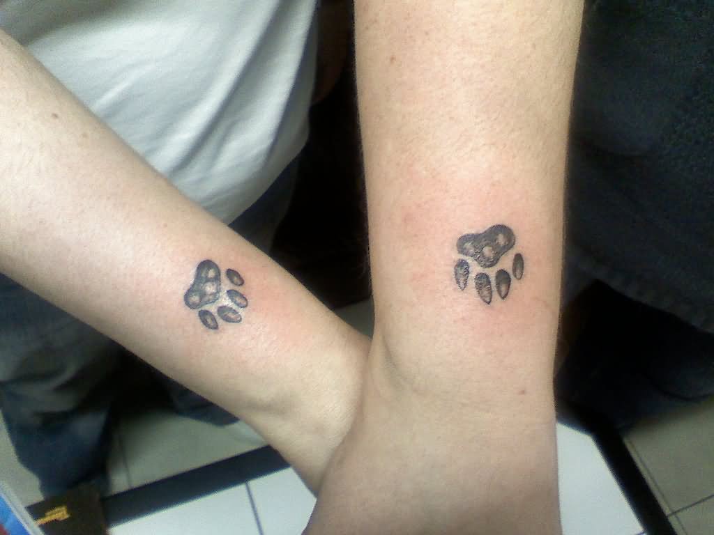 Black And Grey Paw Print Friendship Tattoos On Wrists