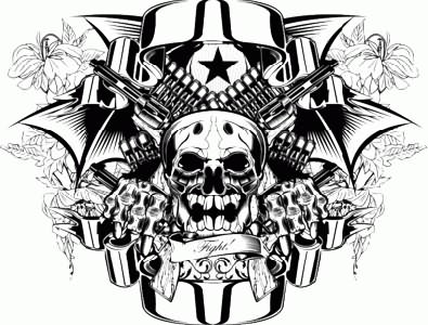 Black Gangster Skull With Two Crossing Gun And Banner Tattoo Design