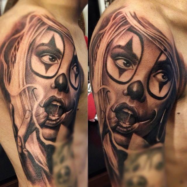 Black Ink 3D Gangster Clown Girl Tattoo On Half Sleeve