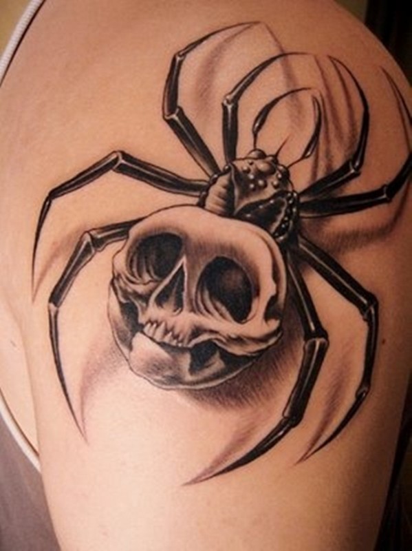 Black Ink 3D Gangster Spider Tattoo Design For Shoulder