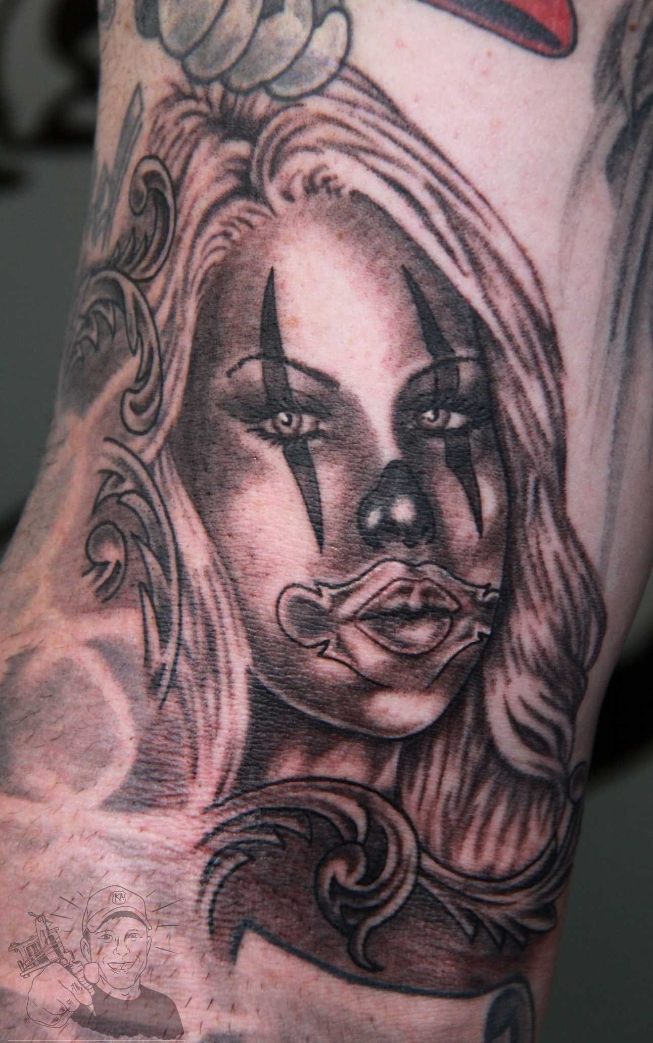 Black Ink Gangster Clown Girl Tattoo Design For Arm