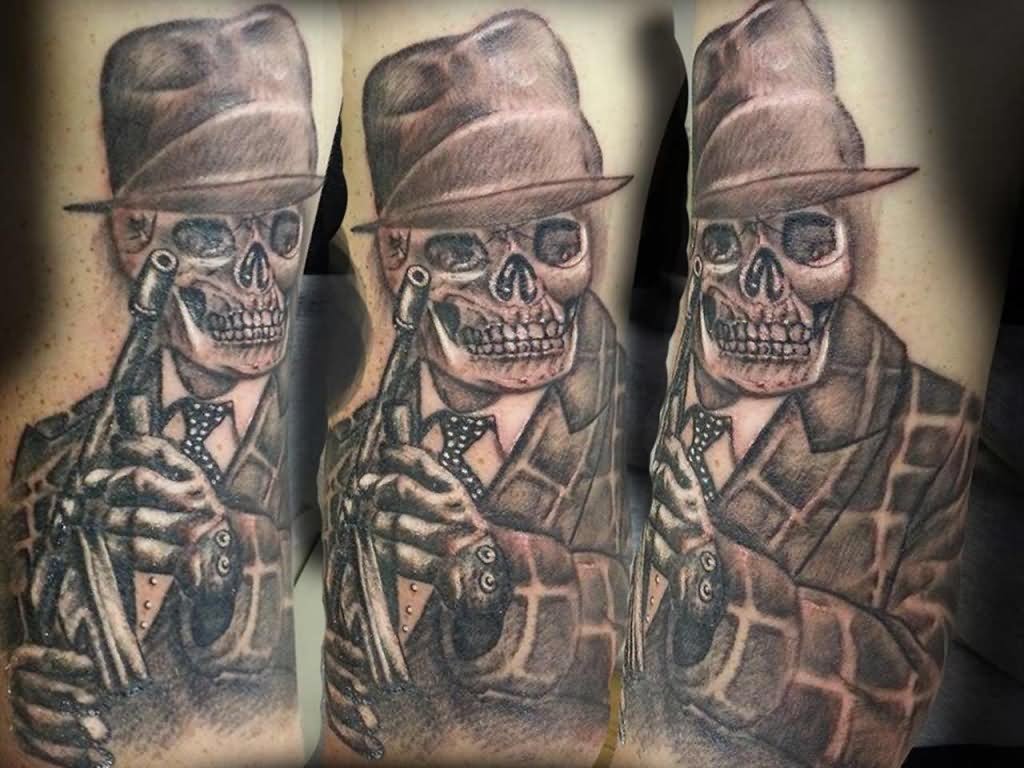Black Ink Gangster Gun In Skeleton Hand Tattoo Design