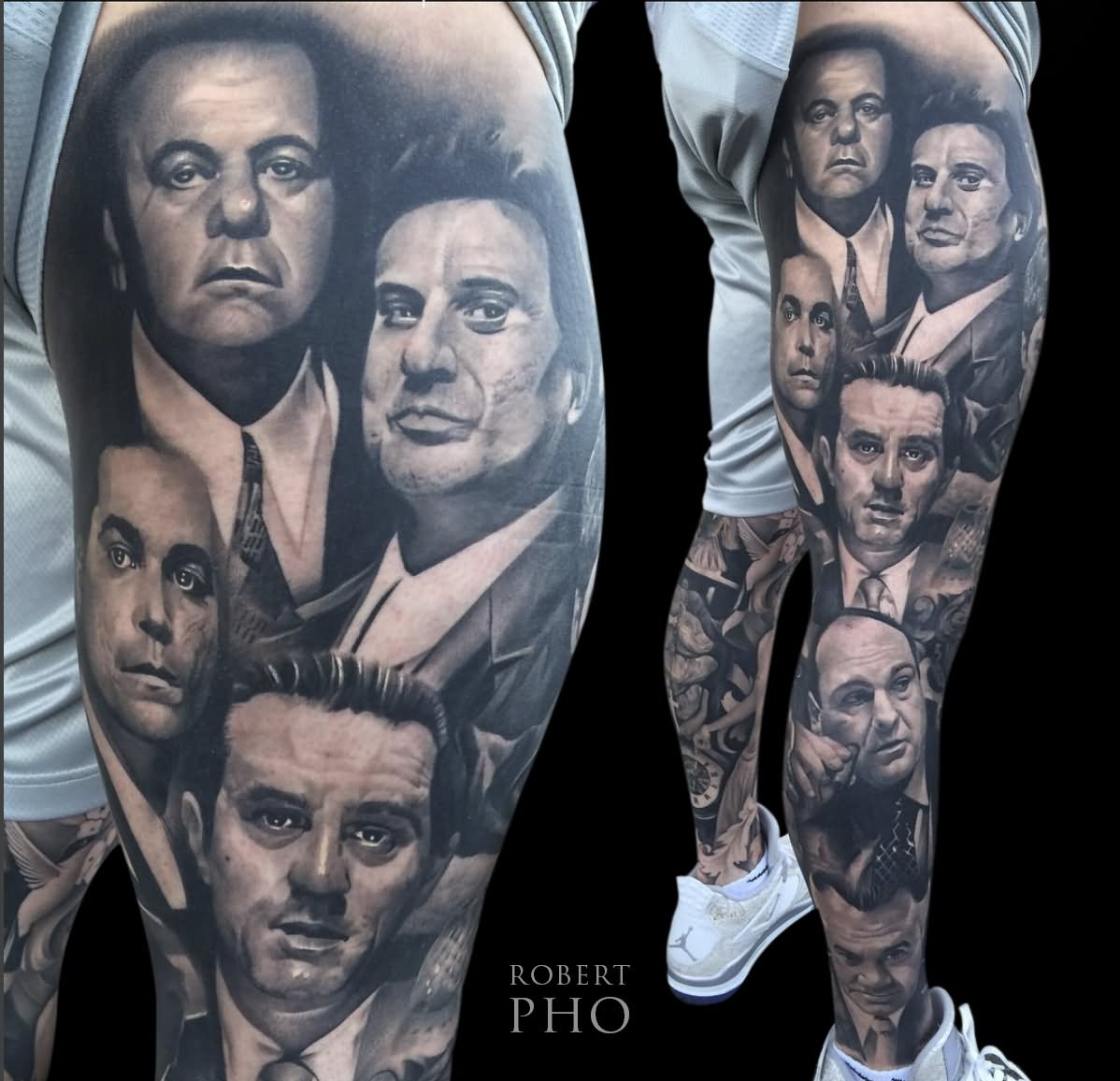 Black Ink Gangster Portraits Tattoo On Leg