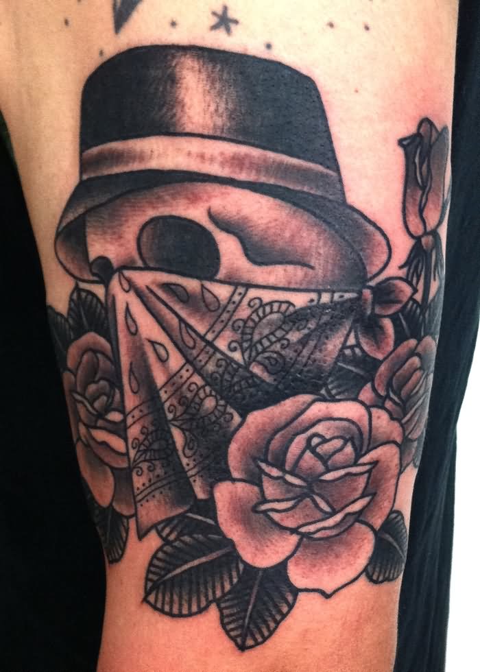 Black Ink Gangster Skull With Roses Tattoo Design By Virginia Elwood