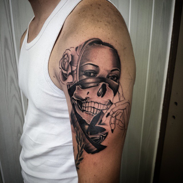Black Ink Gangster Tattoo On Man Left Half Sleeve