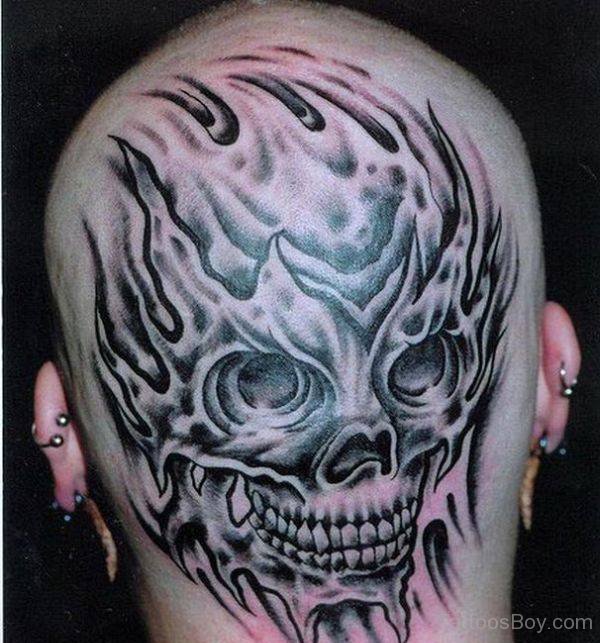 Black Ink Mexican Gangster Skull Tattoo On Head