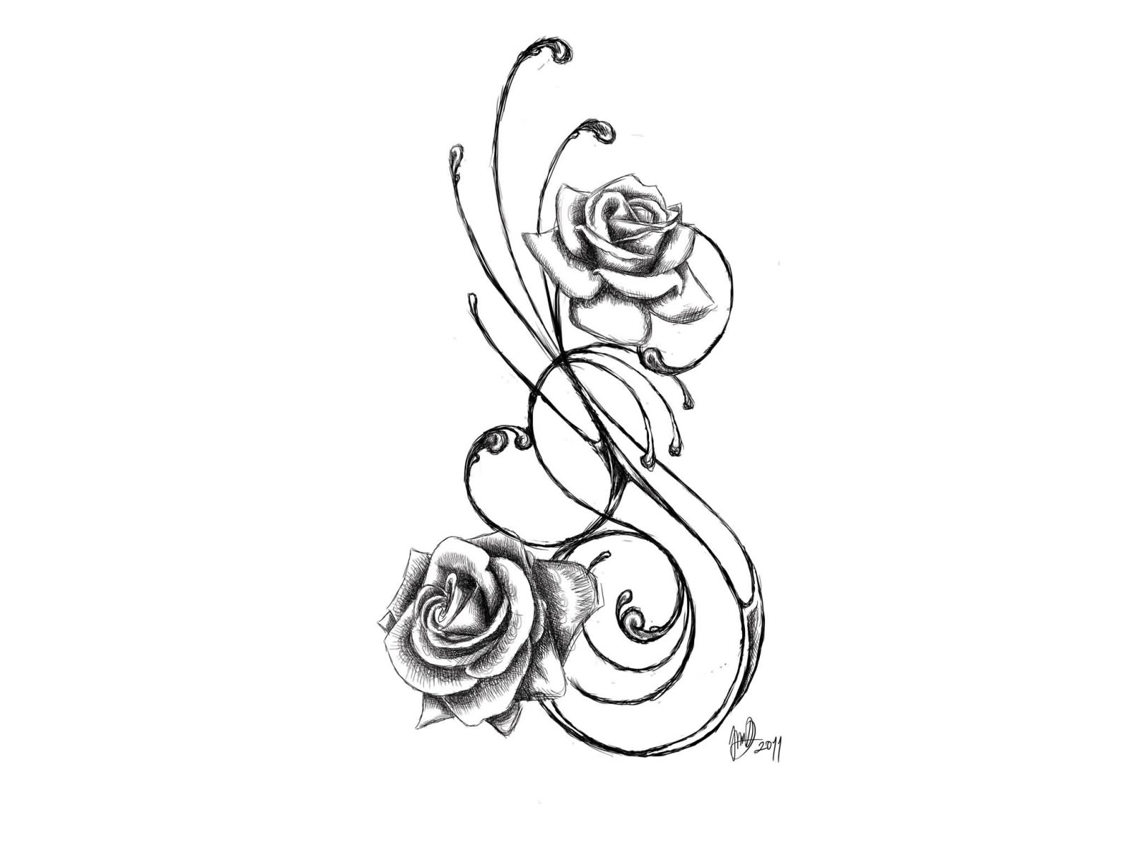 Black Ink Rose Vine Tattoo Design