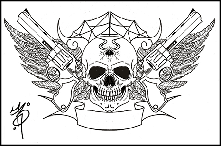 Black Outline Gangster Skull With Gun And Ribbon Tattoo Design