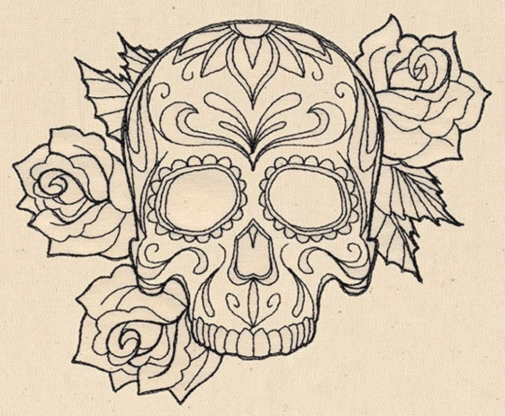 Black Outline Gangster Sugar Skull With Roses Tattoo Stencil