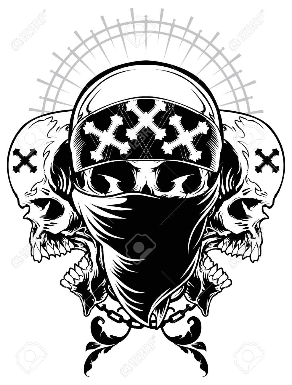 Black Three Gangster Skull Tattoo Stencil