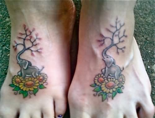 Color Flowers And Elephant Tree Friendship Tattoos On Feet
