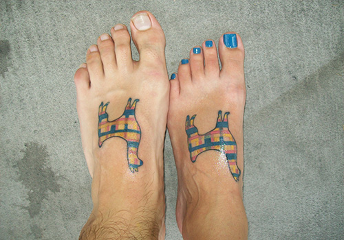 Color Friendship Tattoos On Couple Feet