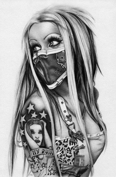 Cool Black And Grey 3D Gangster Clown Girl Tattoo Design