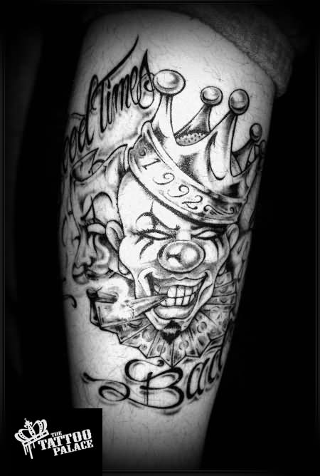 Crown On Gangster Clown Girl Head Tattoo Design For Thigh