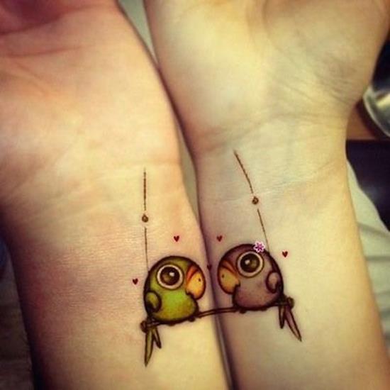 Cute Birds Couple Friendship Tattoo On Wrist