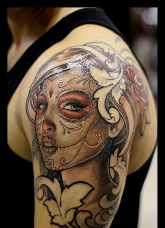 Cute Gangster Girl Face Tattoo On Left Shoulder