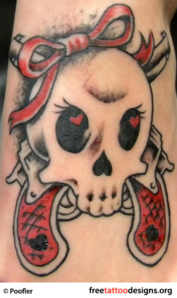 Cute Mexican Gangster Skull With Two Crossing Gun Tattoo Design