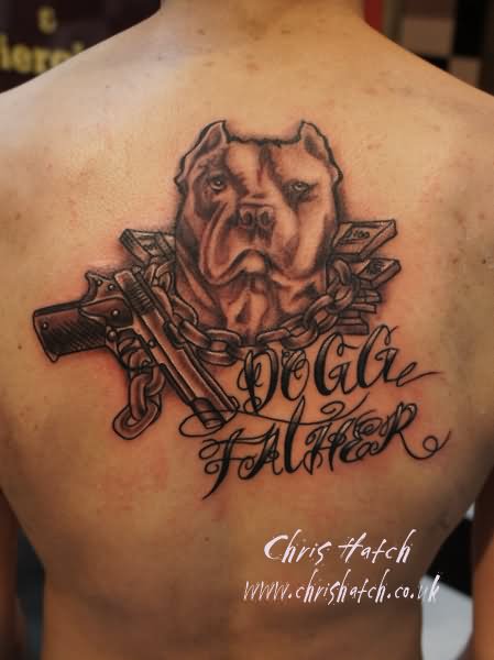 Gangster Dog With Gun Tattoo On Man Upper Back
