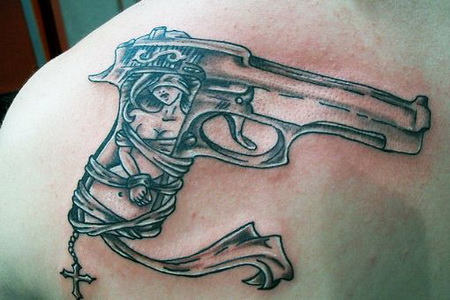 Gangster Gun Tattoo On Left Back Shoulder