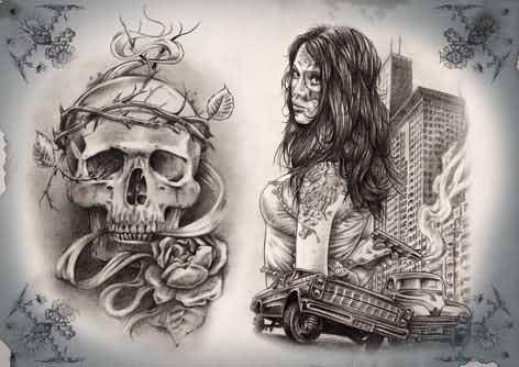 Gangster Skull And Girl Face Tattoo Design