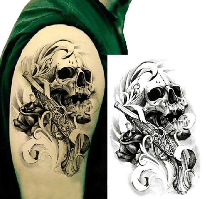 Gangster Skull With Gun And Rose Tattoo Design For Shoulder