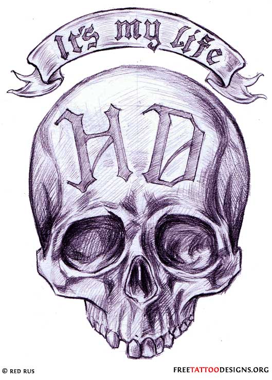 Gangster Skull With It's My Life Banner Tattoo Design