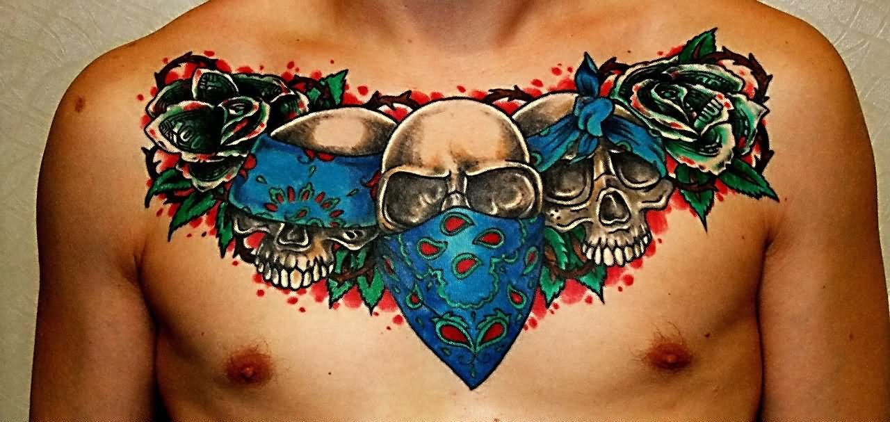 Gangster Skulls With Roses Tattoo On Man Chest