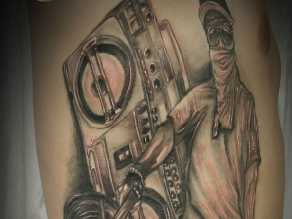 Gangster With Taperecorder Tattoo Design