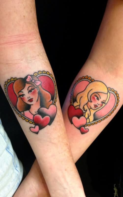 Girl Portraits In Heart Frames Friendship Tattoos On Forearm