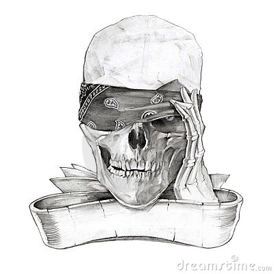 Grey Ink 3D Gangster Skull With Ribbon Tattoo Design