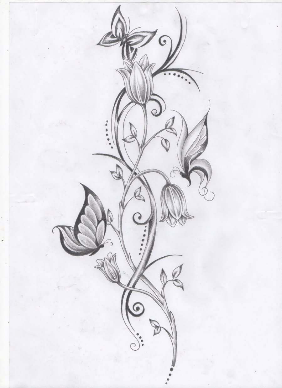 Grey Ink Flowers Vine With Butterflies Tattoo Design