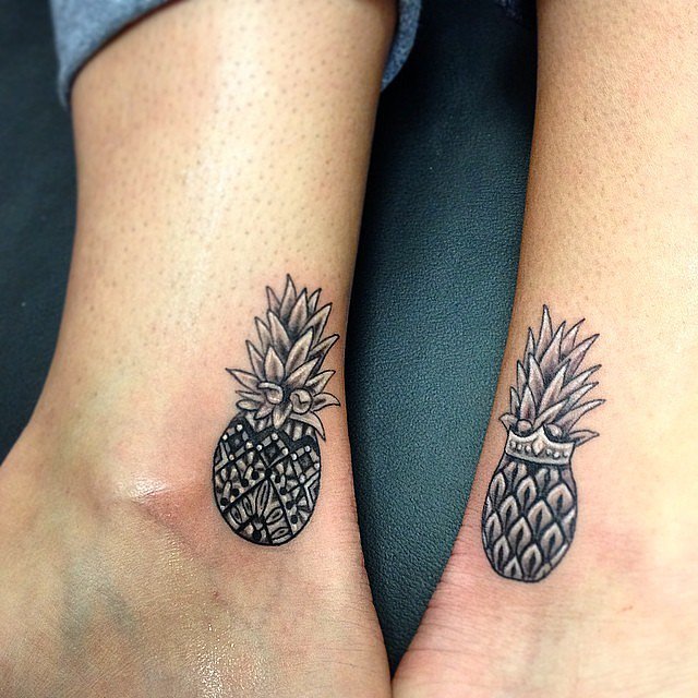 Grey Ink Friendship Matching Fruit Flower Tattoos On Ankle
