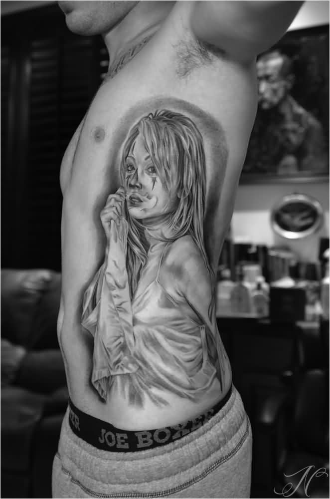 Grey Ink Gangster Clown Girl Tattoo On Man Side Rib