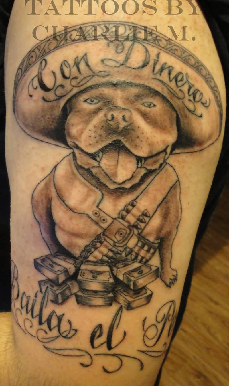 Grey Ink Gangster Dog Tattoo Design For Leg