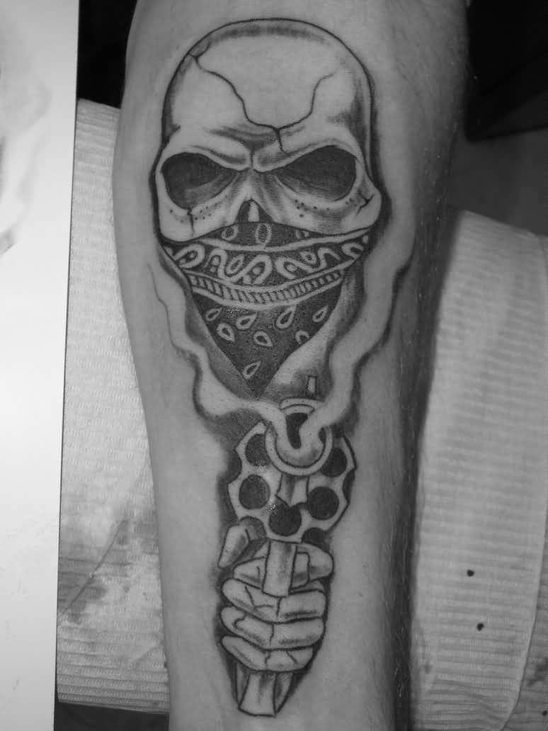Grey Ink Gangster Skull Tattoo Design For Arm