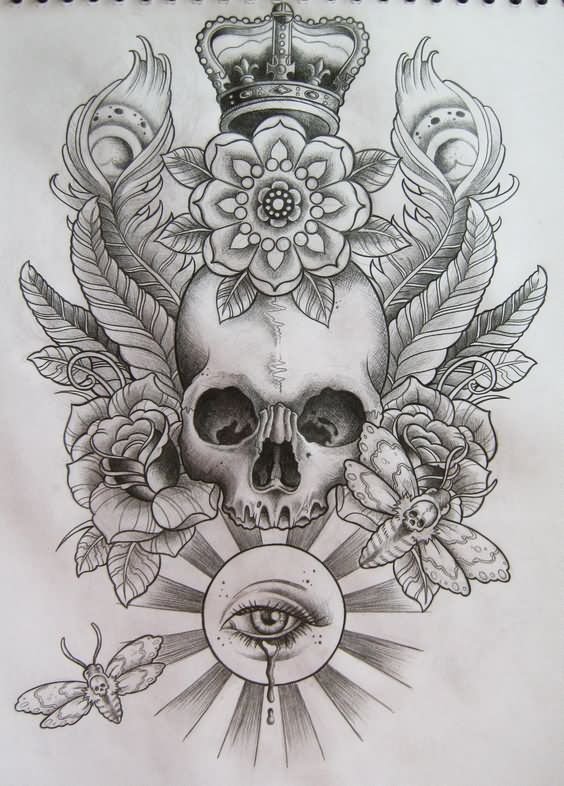 Grey Ink Gangster Skull With Flowers Tattoo Design