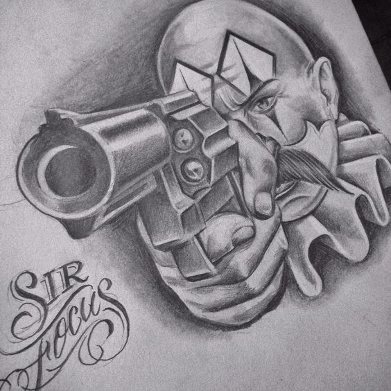 Grey Ink Gun In Gangster Hand Tattoo Design