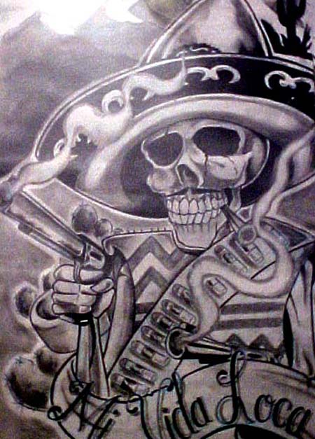 Grey Ink Gun In Mexican Gangster Skull Hand With Banner Tattoo Design By Greg