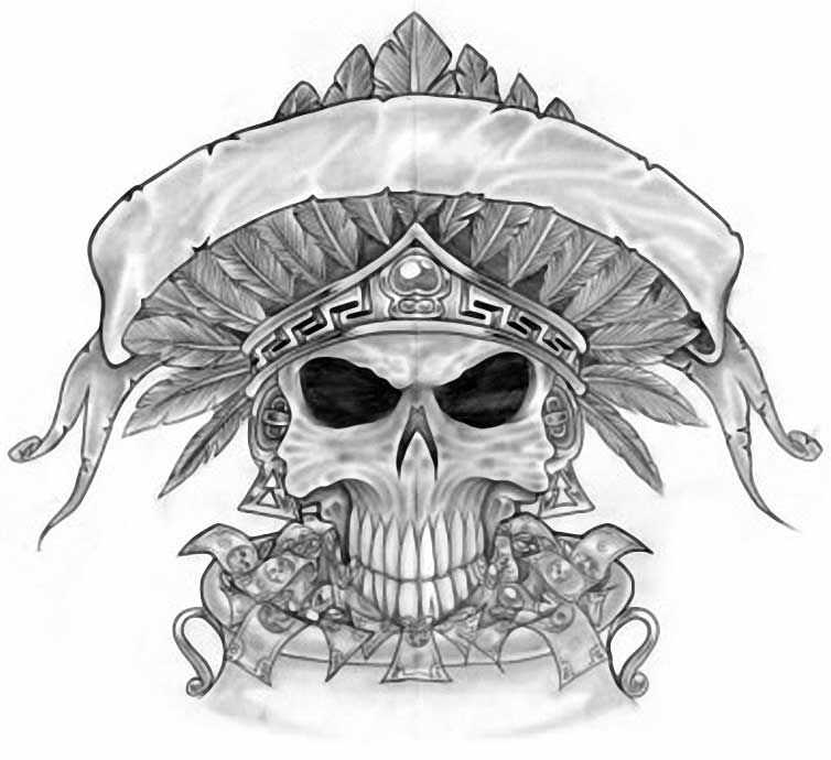 Grey Ink Mexican Gangster Skull With Ribbon Tattoo Design