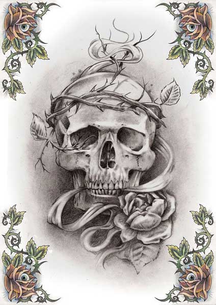 Grey Ink Mexican Gangster Skull With Rose Tattoo Design