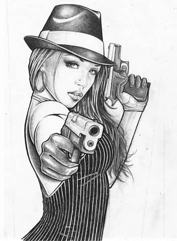 Gun In Gangster Girl Portrait Tattoo Design