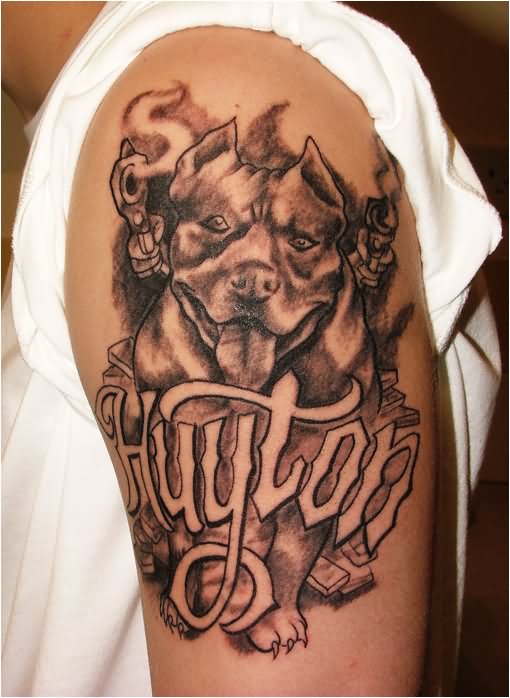 Huyton - Gangster Dog Tattoo On Man Left Shoulder