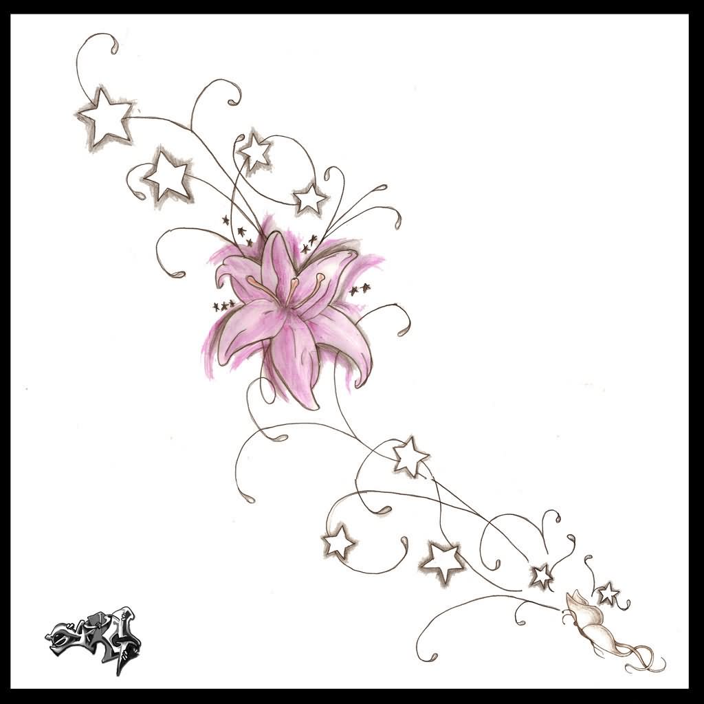 Lily Flower With Vine And Stars Tattoo Design