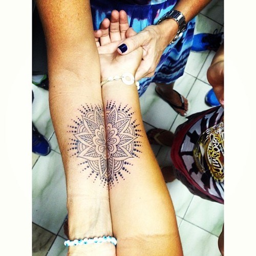 Matching Mandala Flower Friendship Tattoos On Forearm